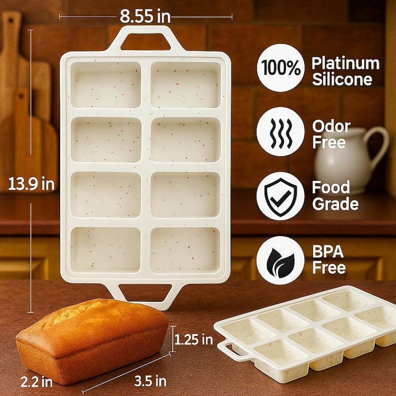 BAKE BOSS 2-Pack Silicone Mini Loaf Pans for Baking Bread – 8-Cavity Nonstick Baking Molds with Metal-Reinforced Handles – BPA-Free, Odor-Resistant Silicone mini bread loaf pans for Cakes & Meatloaf – Cream - Image 5
